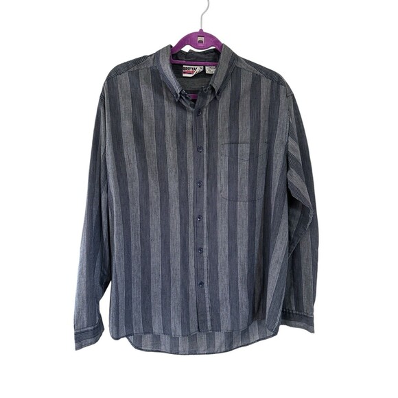 Brittania XL Blue Gray Striped Button Down Shirt 90s Retro Casual Street Style - Picture 11 of 16